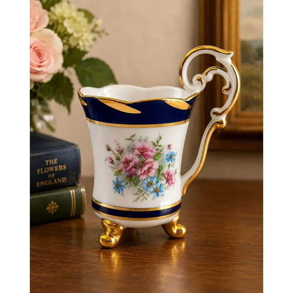 Amfora Bohemia Czech Republic Porcelain Footed Teacup Floral Cobalt Blue Gold